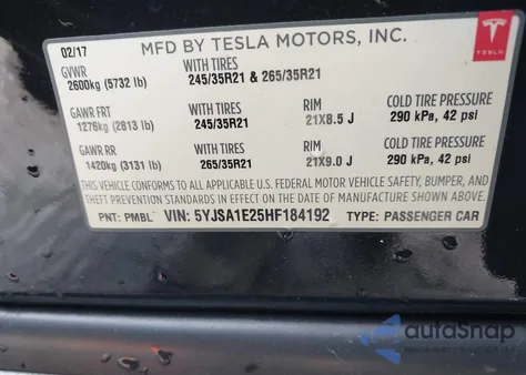 2017 Tesla Model S 100D/60D/75D/90D/P100D из США, поврежденный, VIN 5YJSA1E25HF184192